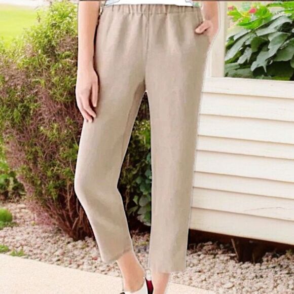 J Jill Linen Pants Cropped M Petite Capris Wide Leg Beige Pockets Beachy Relaxed - Picture 1 of 16